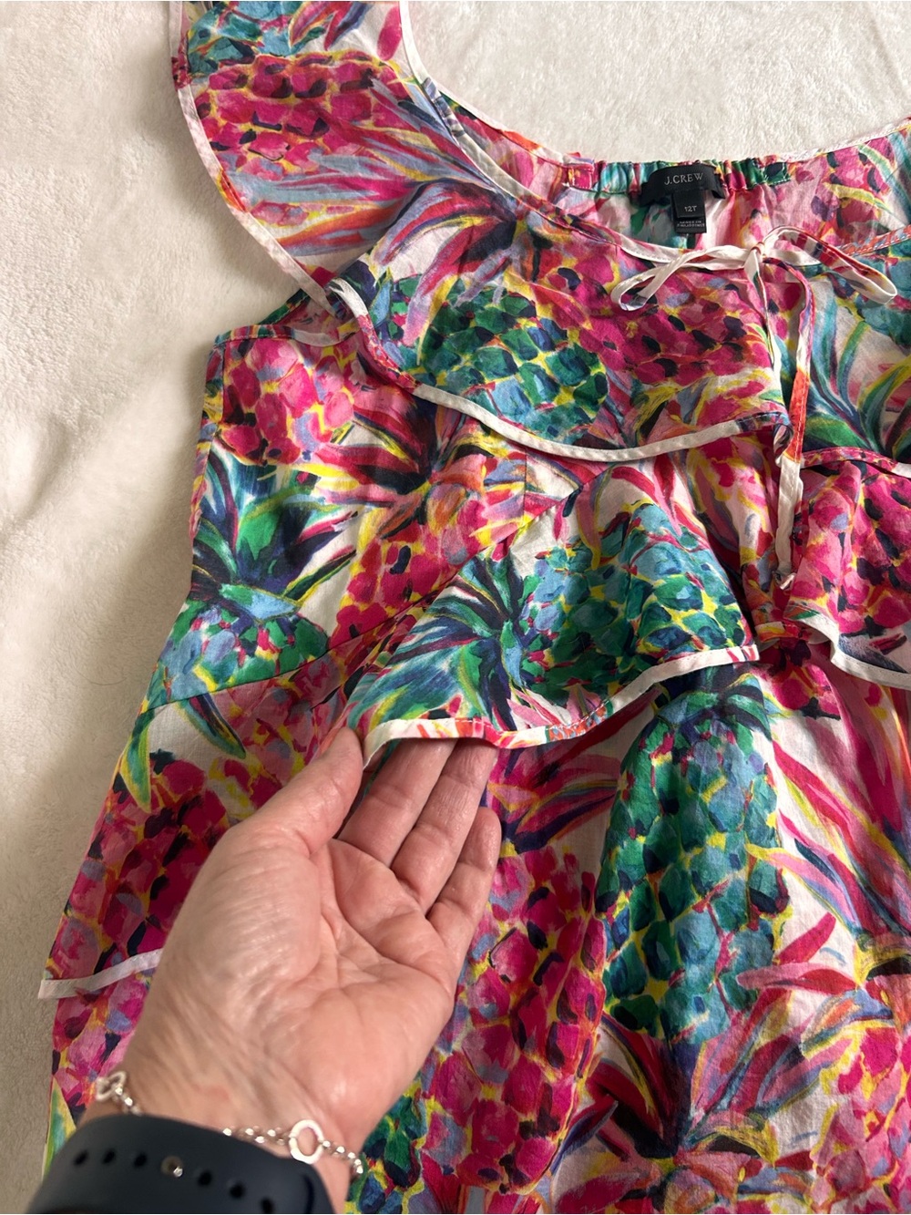 J. Crew Ruffle Top Pink Off-Shoulder Tropical Pineapple Print Top Cotton Size 12 - Picture 9 of 10